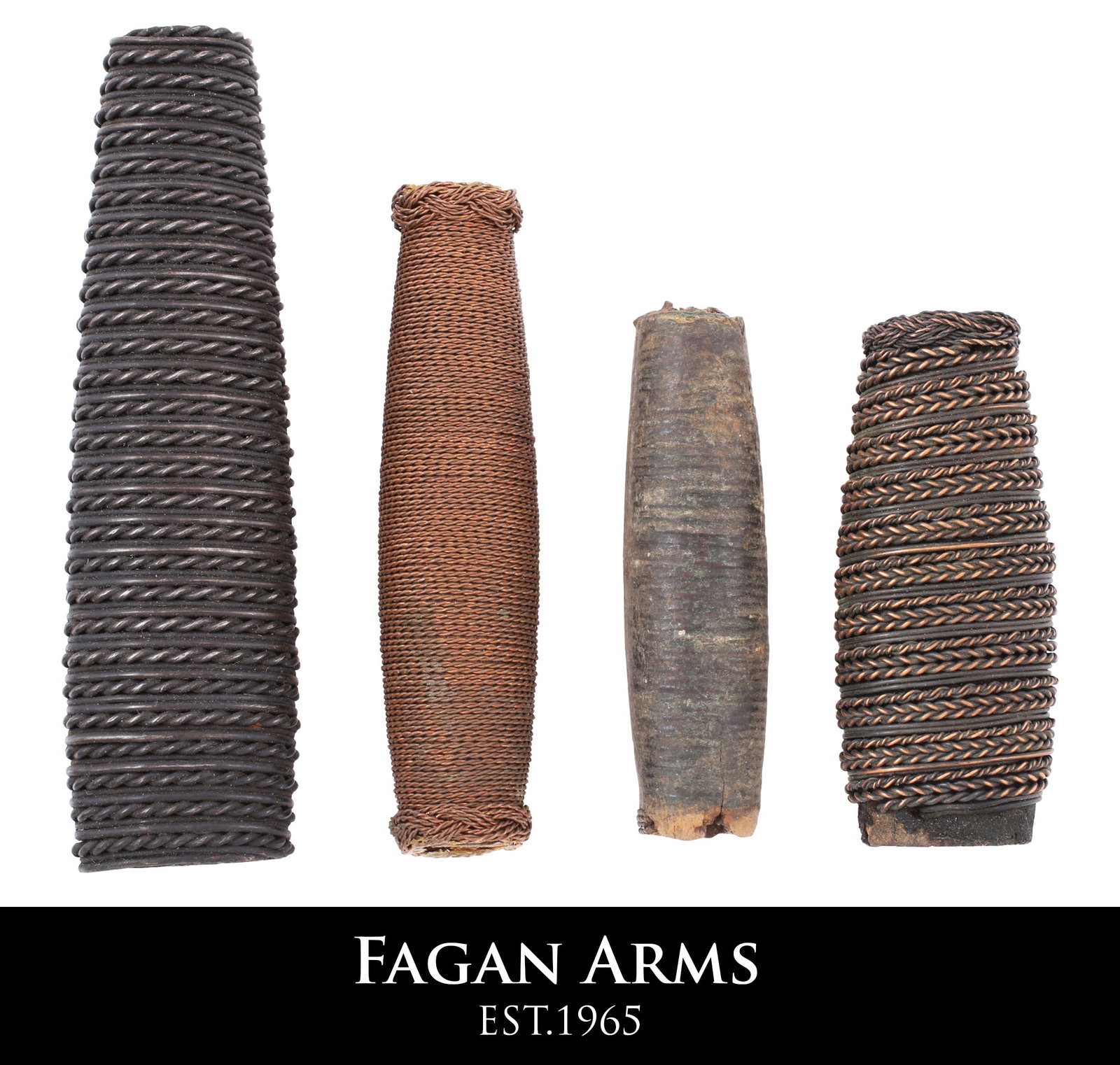 ANTIQUE SWORD GRIPS, 18TH-19TH CENTURY: Four grips: 3"? with congealed leather covering probably American Revolutionary War, 3 ¾" 18th century officer's sword, possibly American, 3" heavy copper wire wrap, probably Spanish, 4 7/8"wit