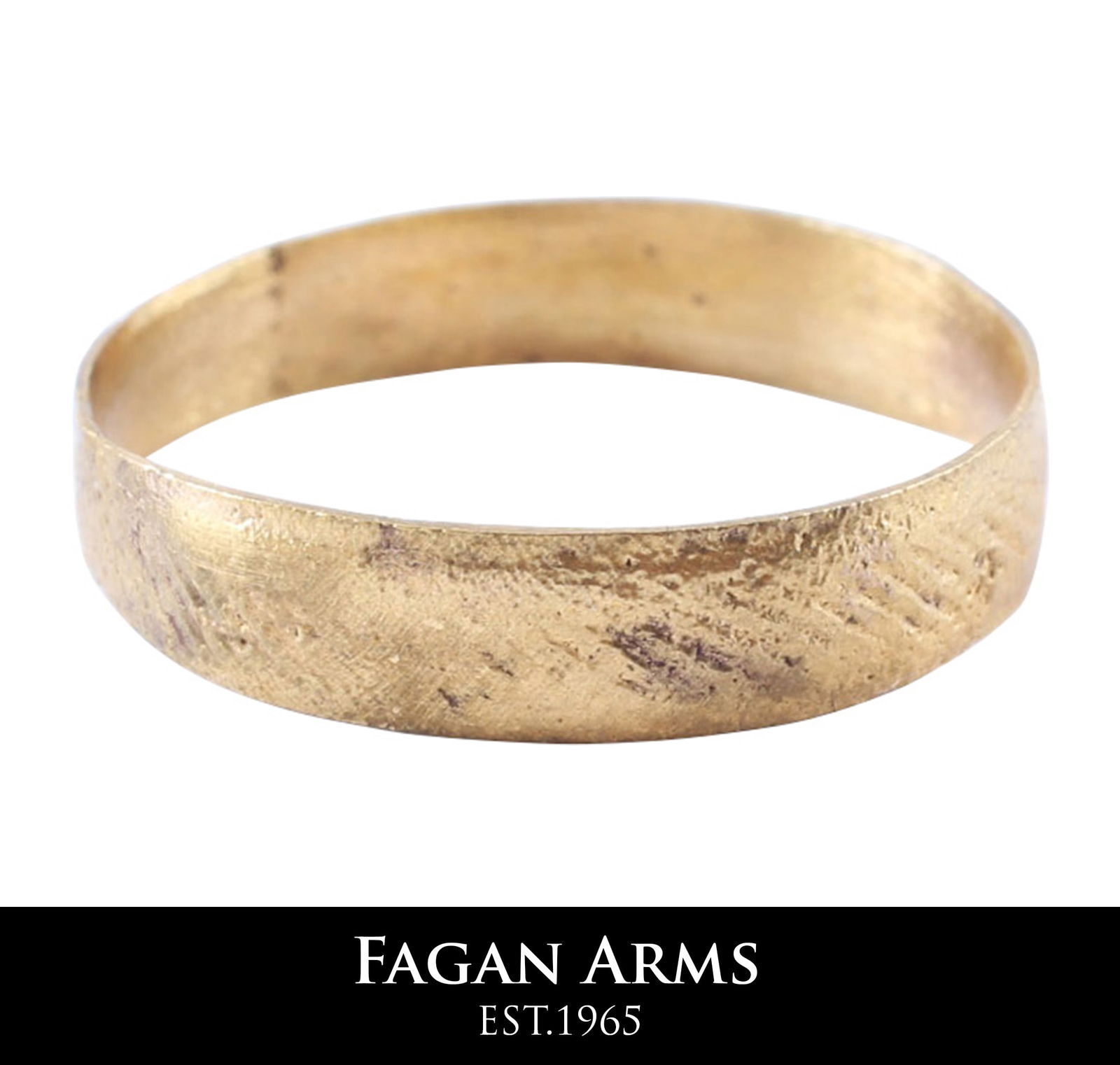 FINE VIKING WEDDING RING, SIZE 9 1/4: Gilt bronze, size 9 1/4. Broad, 4.6mm band with flat face decorated with lattice. Surface textured from burial. Professionally refurbished with the 24karat gold surface restored. Jewelry gift boxed wi