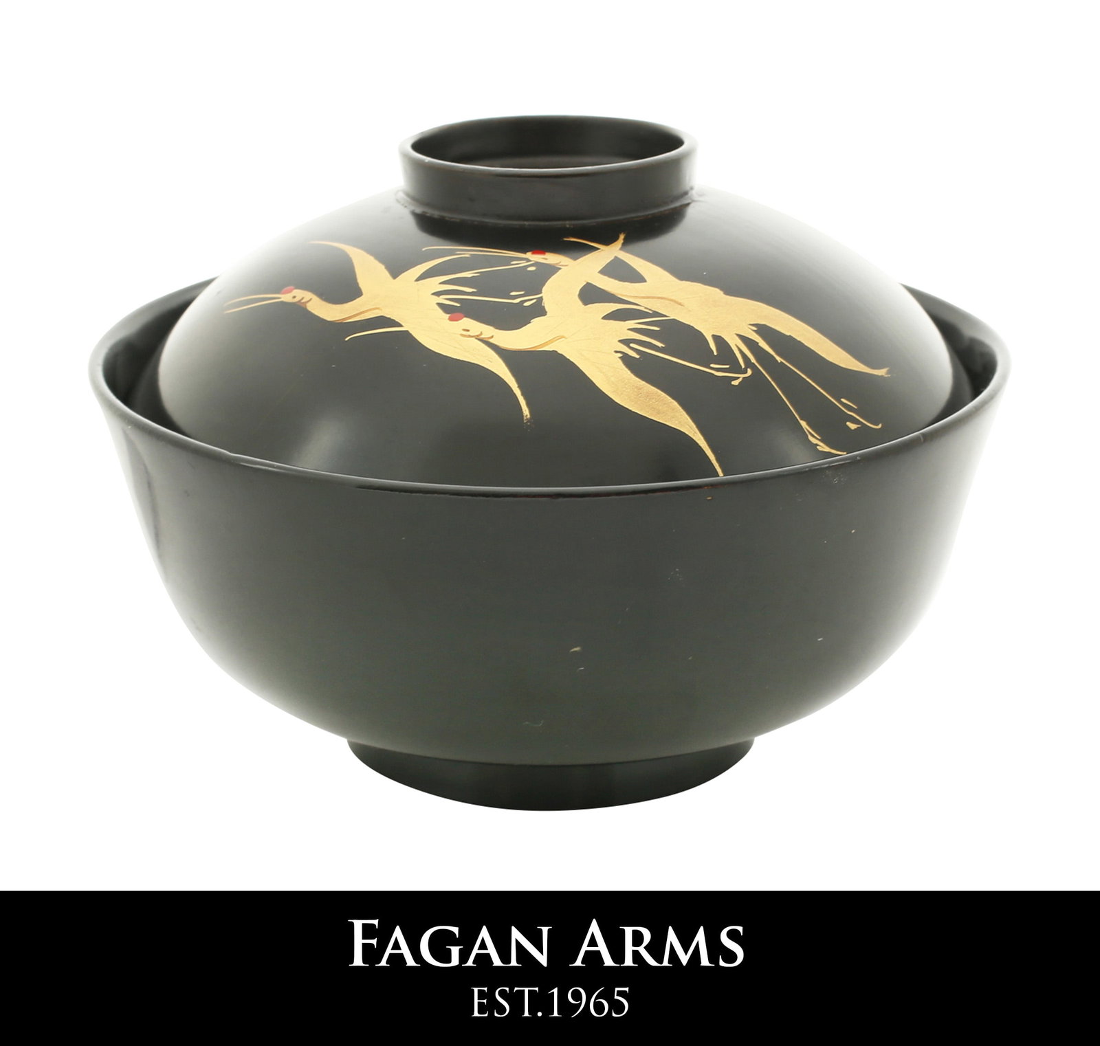 JAPANESE LACQUER BOWL: No reserve. Meiji Period for soup or rice. C.1900-10. 4 3/4" diameter. Bowl and lid both of rounded form with flared foot and grip. Black body color outside and out. The top is decorated in five gold 