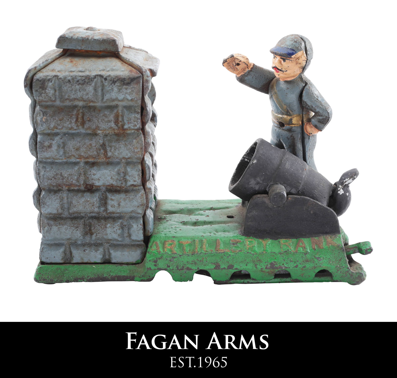 CAST IRON ARTILLERY BANK: 7" length made in multiple cast pieces. A soldier with pivoting arm stands next to a cannon which cocks and released by a lever, shoots a coin into the fort. These evidently were made both original, a
