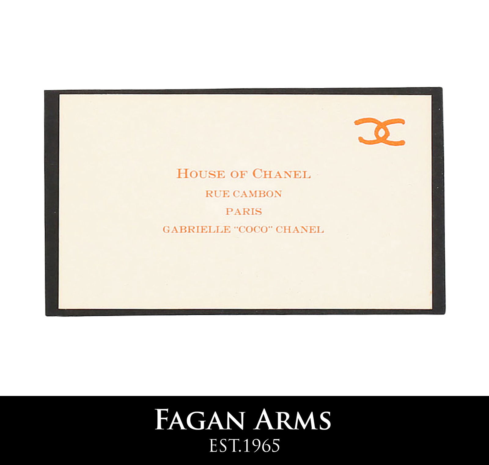 COCO CHANEL CALLING CARD: Gabriel "Coco" Chanel. Her calling card listing her address as Rue Cambon, without a number as she owns five consecutive properties there, #23-#31. Dating between the wars, the peak of Chanel's career