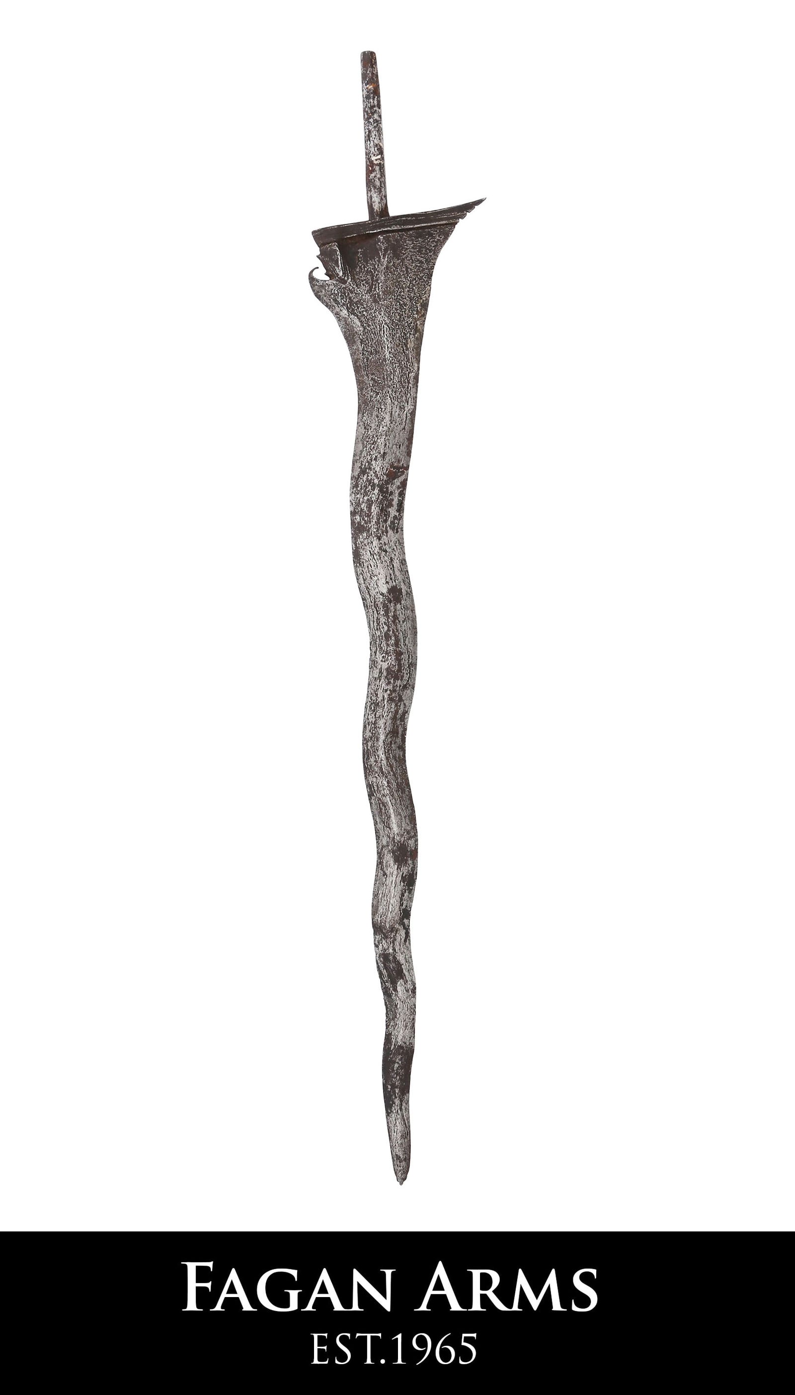 OLD TO ANCIENT INDONESIAN KRIS BLADE: 12 ¾" length plus the tang. Four wave form with well figured root of the blade. Made of meandering lineal patterned mechanical damask steel. The pattern for these is known as Pamir. These blade