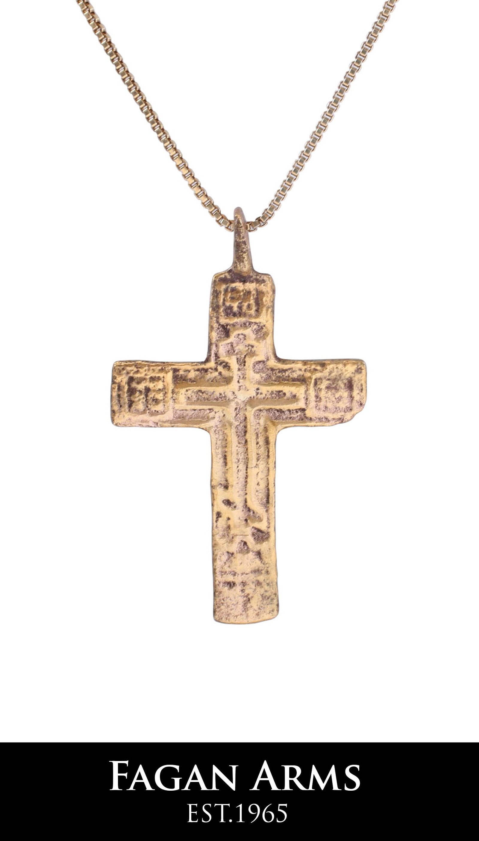 FINE EASTERN EUROPEAN CHRISTIAN CROSS NECKLACE: 17th-18th century, Russia/Ukraine. Gilt bronze, 1 3/8" in height. Elegant form with a raised cross-centered and Cyrillic ciphers at the beam terminals. Reverse with central circle or halo and five cip
