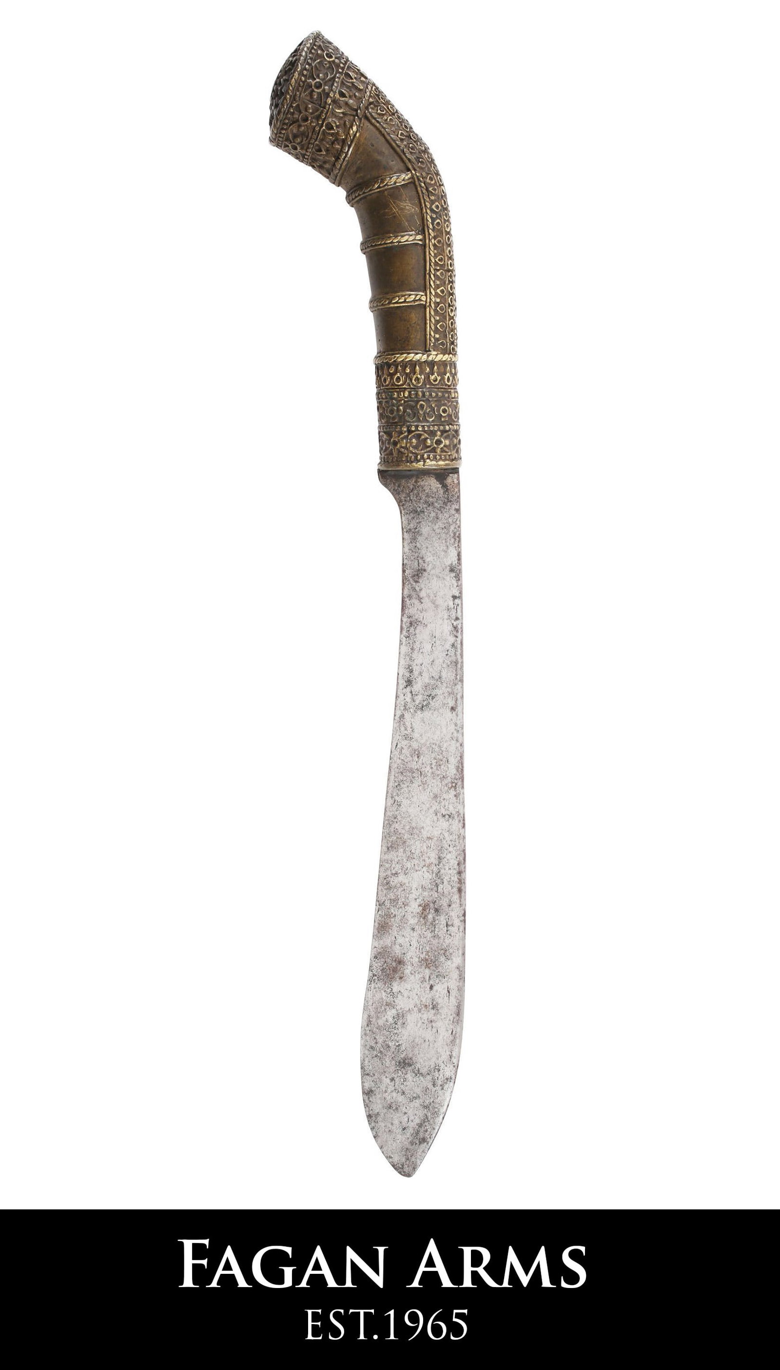 SIAMESE BRONZE HILT KNIFE, 19th CENTURY: 13" length with 8" wedge section blade of parang form. Tapered cylindrical hilt with angled pommel, finely decorated in bands of varying cabled motifs. Well used with gray patina and laminar graining 