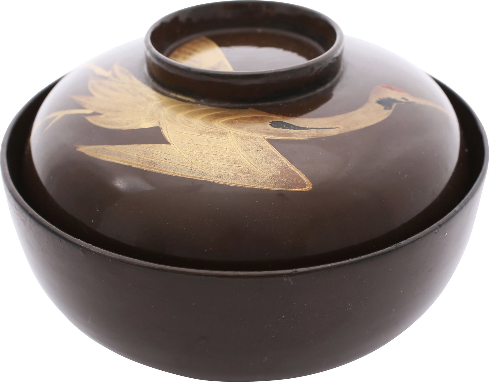 JAPANESE LACQUER BOWL: No reserve. Meiji Period for soup or rice. C.1870-10. 4 1/2" diameter. Bowl and lid both of rounded angular form with flared foot and grip. Brown lacquered inside and out. The top with a crane, among 