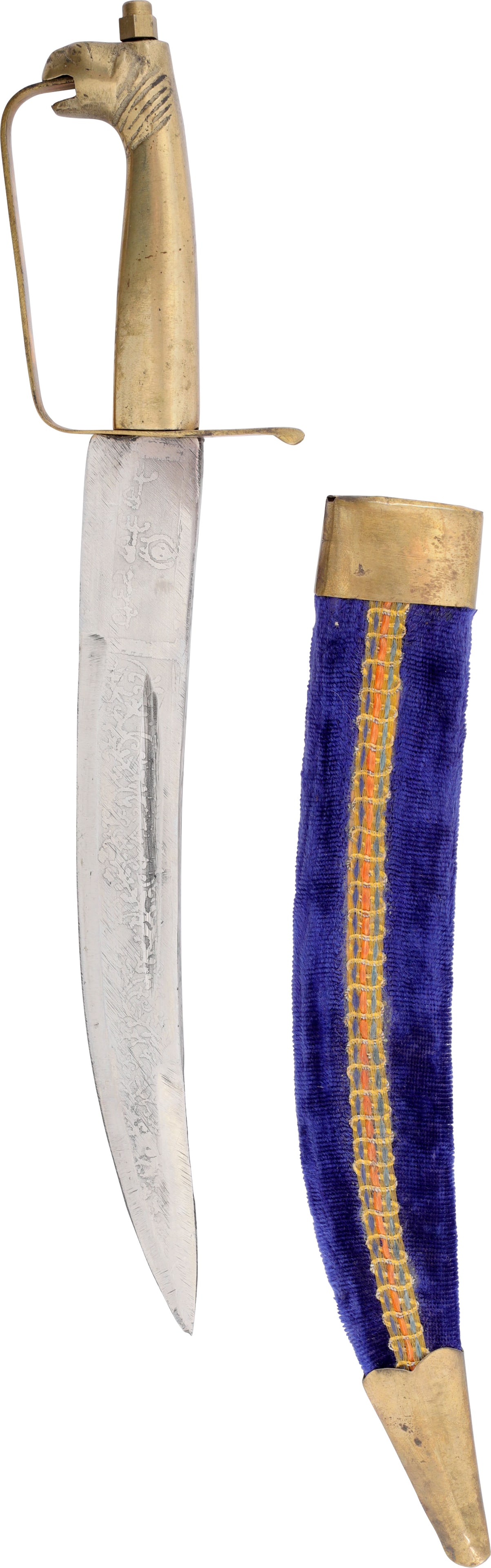 INDOPERSIAN JAMBIYA: Vintage to antique. 8 ¼” curved single edged blade with broad fullers and false edge. Brass hilt with horse head pommel and D form knuckle bow. Velvet covered brass mounted scabbard.