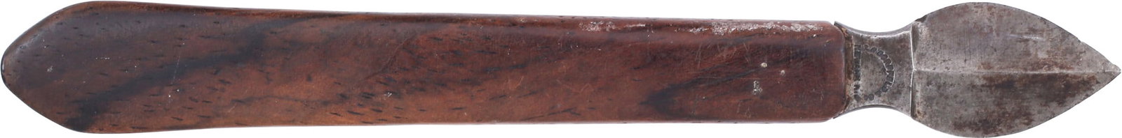 CIVIL WAR SURGEON’S SCALPEL: Classic lancet as used before and through the Civil War, the base marked RADORFIELD & CO NEWARK NJ. 5 3/8” long with delicate walnut grip and ridged spear point blade. One edge chipped. Crisp wi