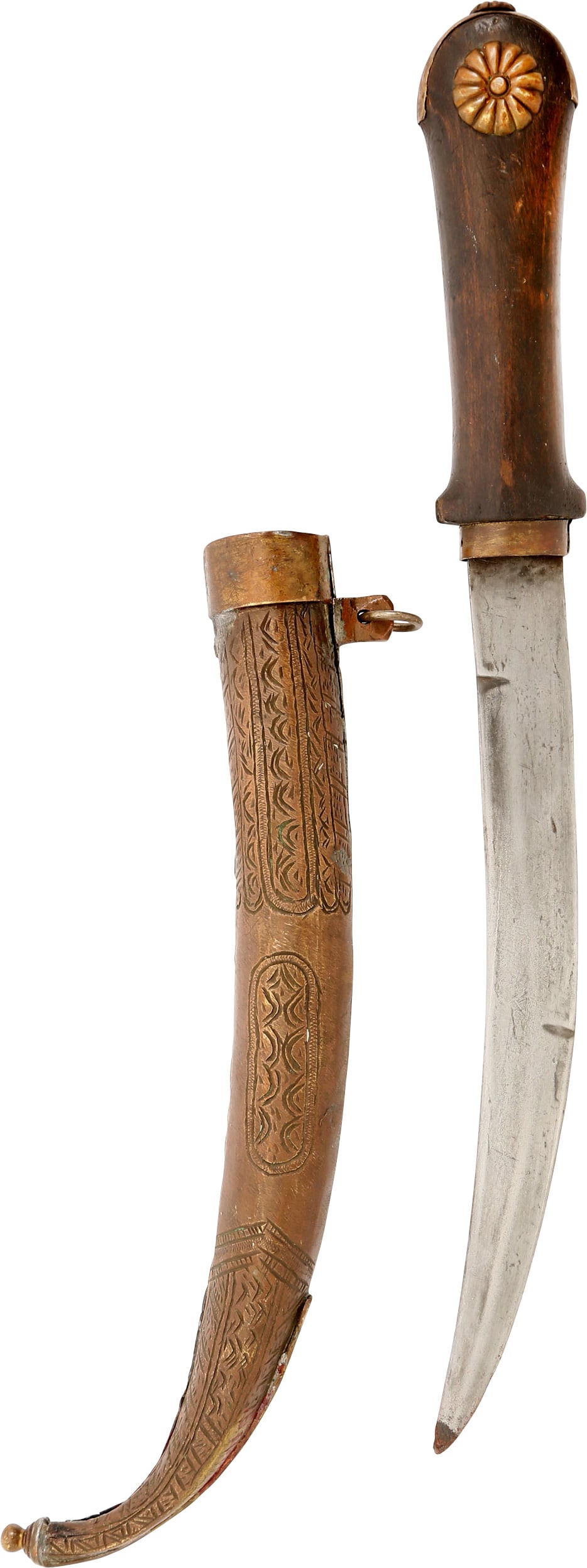 MOROCCAN JAMBIYA: Probably late 19th century, the period of resistance to French colonization. 9" s.e. blade struck with four maker’s marks at the forte. Wood hilt with copper crest and medallion. Copper scabbard inc