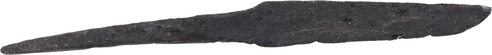 VIKING SIDE KNIFE OR POUCH KNIFE, 879-1067 AD: Recovered in Chambridgeshire England. Just over 3 ½ (3.59”)” total length with tapered “whittle tang” which identifies these, as they were used without guards, mounted in a