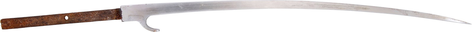 JAPANESE SAMURAI HELMET BREAKER HACHIWARI: Edo period. Iron, 18 5/8" total length. Curved diamond section blade with a base hook. Tang pierced with a single mounting hole. The current view is that these were parrying weapons capable of catchin