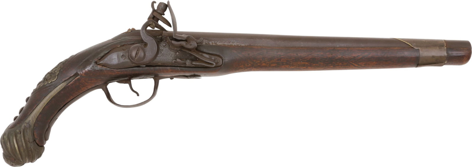 OTTOMAN TURKISH FLINTLOCK PISTOL C.1800: Thick flat plate and banana shaped lock with spurious signature and two stars. Swan neck cock. 11 1/2” .70 caliber tapered barrel with brass sheathed tang. Fine high relief brass furniture. One 