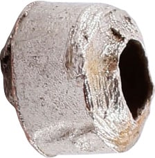 VIKING SILVERED BEAD, 9TH-11TH CENTURY AD: Silvered bronze, about 5.8mm in diameter and 4.9mm in length. Originally strung with the tubular pendants, like our #357 as part of an elaborate aegis or pectoral. Professionally refurbished with the 