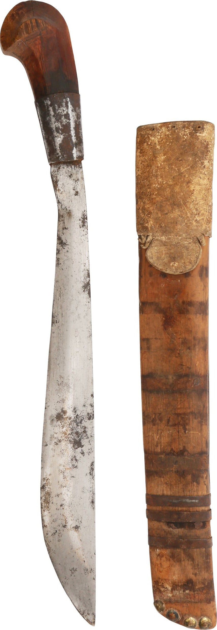 INDONESIAN SHORTSWORD GOLOK: Early example, second half of the 19th century. Heavy 12 1/2” blade of binagong style. Well carved wood hilt with copper brazed seam ferrule. Iron banded scabbard (three bands remaining) with go