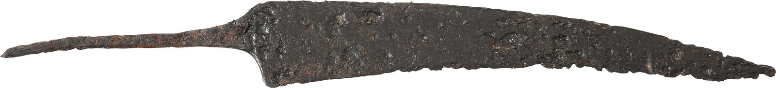 CELTIC FIGHTING KNIFE, C.400-100 BC: Forged iron, 6 3/4" total length with curved wedge section blade in the Celtic taste. Tapered tang for embedding in a wood or bone grip. Specifically made for fighting and not a work knife as indicate