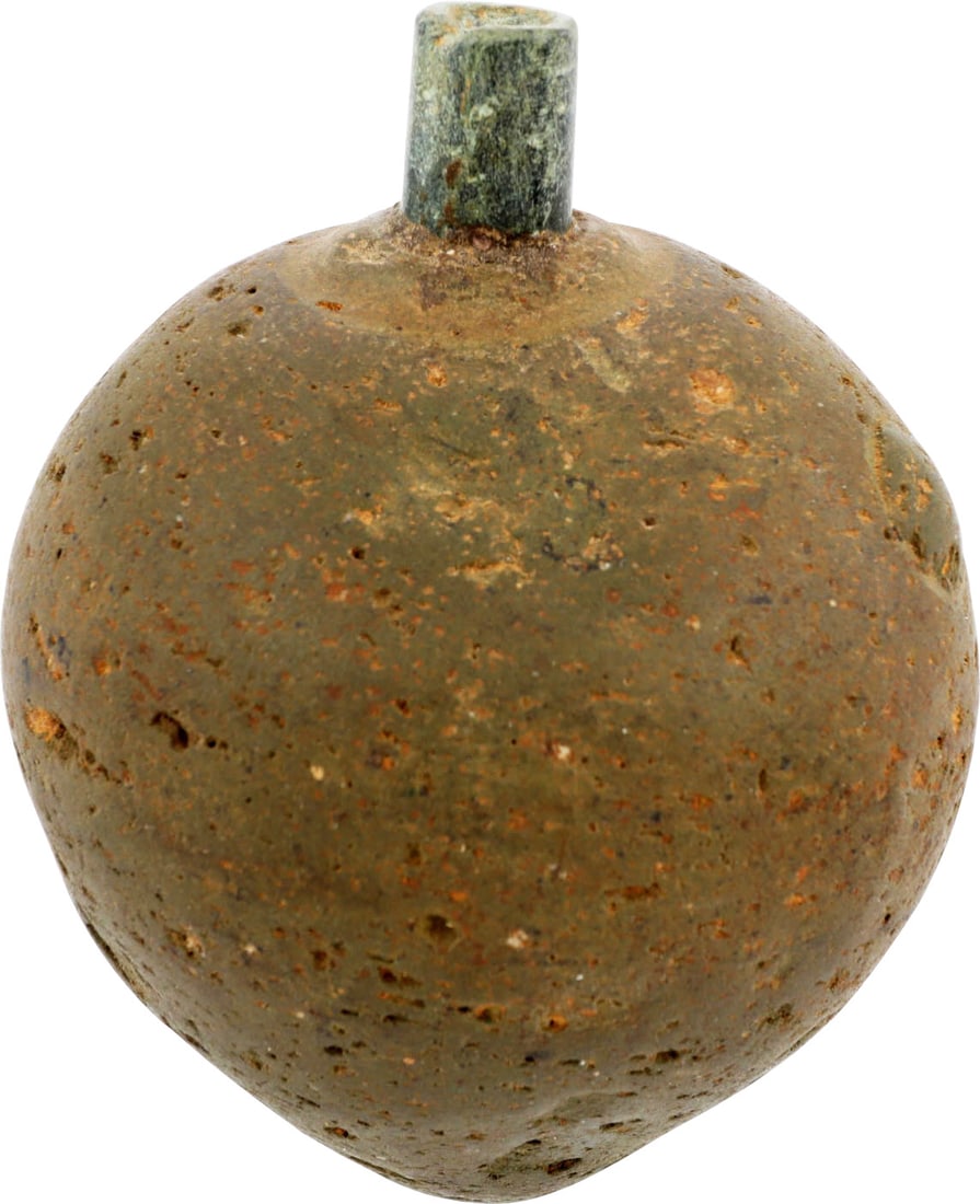 BYZANTINE POTTERY GRENADE, 10TH-12TH CENTURY: Crusades period. 5” height, polished dark gray terracotta. The body of turnip form fired with natural imperfections which facilitated fragmentation. The top with a tall cylindrical wick. Known a
