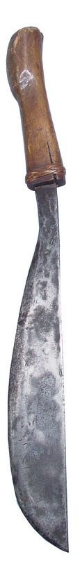 HEAVY EARLY MALAY GOLOK: 11 1/2 blade of wedge section tapering to the point and characteristic swelled profile. Wood grip with expanded butt and braided split cane base band. Grip shows rich glossy patina with old shrinkage 