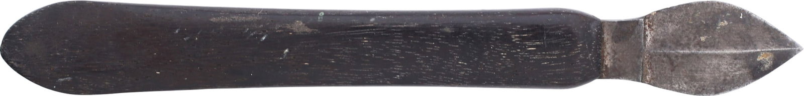 CIVIL WAR SURGEON’S SCALPEL: Classic lancet as used before and through the Civil War, the base marked E FABER with star and crescent mark (founded 1861). 5 3/8” long with delicate walnut grip and ridged spear point blade.. 