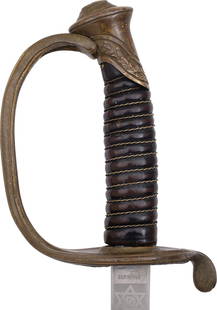 UNITED STATES MARINE CORP OFFICER'S SWORD: Gilt bronze hilt with pierced floral guard. Just remnants of the gold from polishing. Wire wrapped leather covered grip. 32" curved broad fullered blade decorated first half both sides with foliage, f
