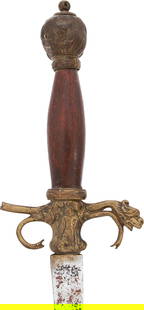 18TH CENTURY EUROPEAN SMALLSWORD: Late 18th century. Brass hilt (incomplete) with decoration of mythological figures and beast head quillon terminal. Wood grip lacks its wire wrap. 25 &frac34;" hollow faced triangular blade. &bull; Sw