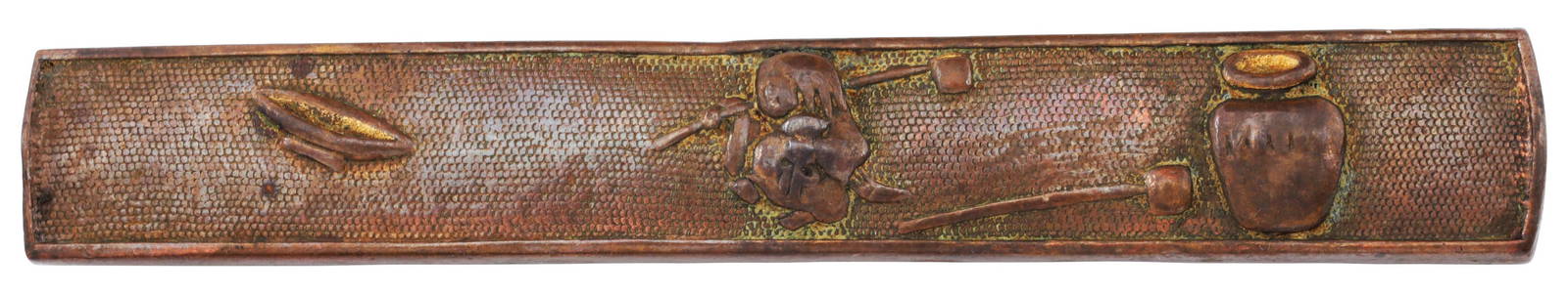 JAPANESE KOZUKA HANDLE: Edo Period. Over 3 &frac34;" (3.76") length. Copper with raised edges and fine fish roe ground. Relief decorated each side with a gnome like man carrying a fan and water dipper, flanked by a large wat