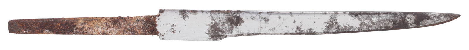 JAPANESE SIDE KNIFE KOZUKA, EDO PERIOD, BEFORE 1867: Edo Period, before 1867. 6 &frac34;" length with tapered wedge section blade and tapered tang. Carried with its decorative handle in the scabbard of the long sword and used either with the handle or w