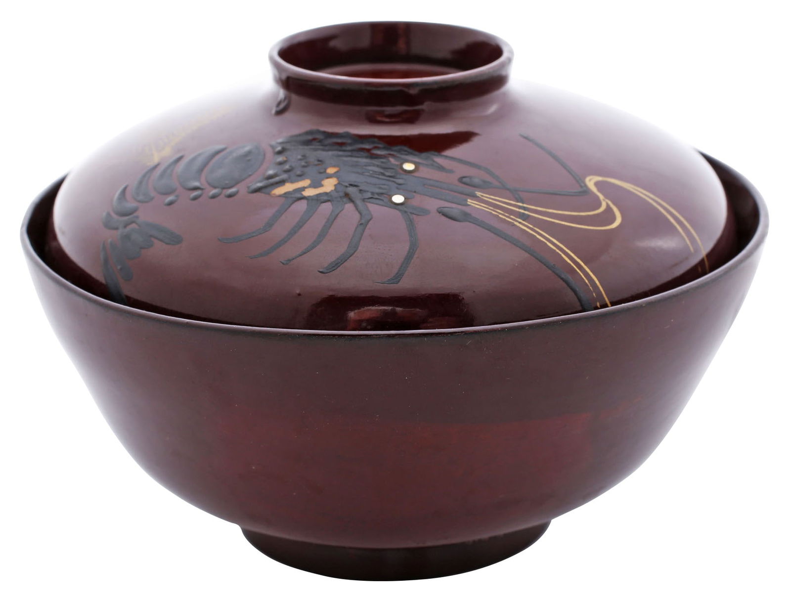 JAPANESE LACQUER BOWL, OWAN. MEIJI PERIOD, BEFORE 1912: Wood 4 5/8" (4.65") diameter with rounded profile to the bowl and top. Dark brown body color in and out. The top with high relief figure of a tiger prawn and aquatic fern. Artist's signature and seal