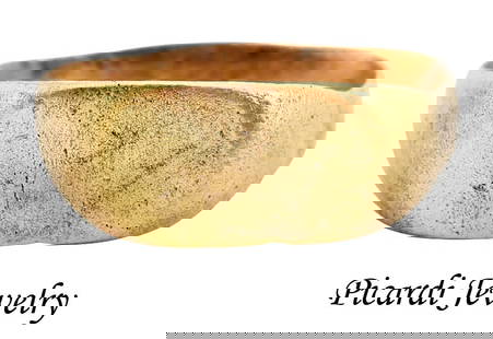 VIKING WARRIOR’S RING, 9TH-11TH CENTURY, SIZE 10 ½: Size 10 &frac12; for a large man's hand. 3.1mm well-rounded band expanding at the shoulders. Low lozenge-shaped bezel with a flat top and rounded edges, cut with four runes. Professionally refurbished