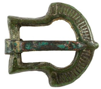 FINE ROMAN LEGIONARIES SWORD BELT BUCKLE, 3rd-4th CENTURY AD: Bronze. Just under 1 &frac14;" length. Elegant form with a box frame and reeded crescent from the terminal. Original slender tapered tongue. Specifically identifiable form. For the sword and dagger be