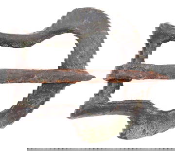 ROMAN LEGIONARIES BELT BUCKLE, 3rd-4th CENTURY AD: Bronze. 1 &frac14;" (1.27") length. Fine form with box frame and reeded crescent from terminal. Iron tongue. For the sword and dagger belt of the Roman Legionary. See https://www.forumancientcoins.com