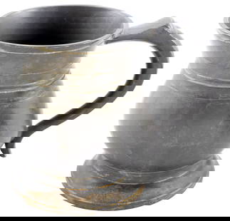 VINTAGE PEWTER PUB MUG: Baluster form pewter cup by Crown & Rose Cast Pewter, so marked on the bottom. The edge marked GILL which is a pub measure equal to one fourth imperial pint. Over 2 7/8" (2.88") height.