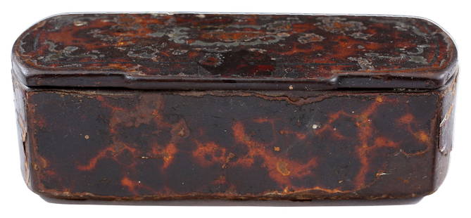 COLONIAL AMERICAN SNUFF BOX: 3 7/8" width, rounded end rectangular form, mottled brown papier mache imitating leather. Piano hinge securing the slightly domed top with pewter and mother of pearl inlays. Surface worn from age and