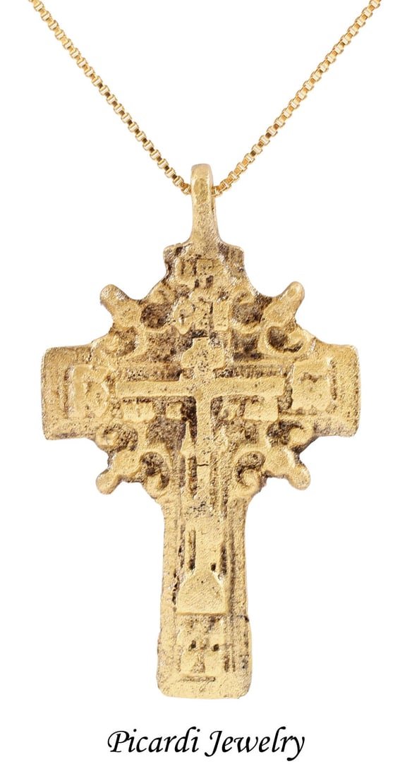 SUPERB EASTERN EUROPEAN CHRISTIAN CROSS, 17TH-18TH CENTURY: Poland/Russia/Ukraine. Gilt bronze, about 1 3⁄4" height, proportioned for priest or other clergy member. Fine form executed in especially high relief and profusely detailed. Raised cross, center