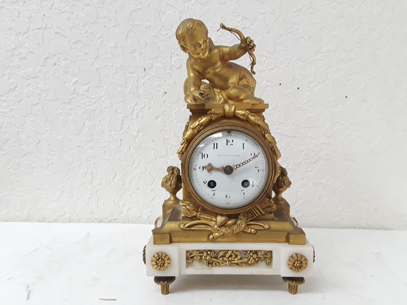 French Mappin Webb Porcelain Dial Marble Based Cupid (1 of 13)