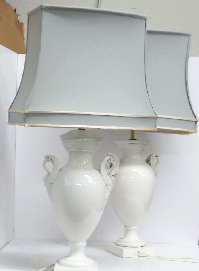 Antique Faience White Swan Continental Pair of Lamps (1 of 8)