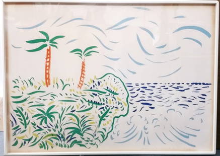 David Hockney Color Lithograph Pencil Signed ed100: Large Original David Hockney Bora Bora Color Lithograph. Lithograph in colors, on Arches 88 paper, 1979, signed and dated in pencil, numbered 7/100 (there were also 30 artist's proofs), published by T