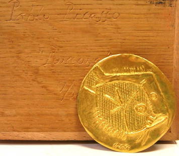 Rare Picasso 23k Gold Poissons Medallion 7 of 20 w Box: Very Rare Pablo Picasso 23K Gold Poissons Medallion 7of 20 Made in 1967 w Original Box.This is a rare offering of the Fish Medallion pendant signed by Picasso and numbered 7 of only 20 ever made.