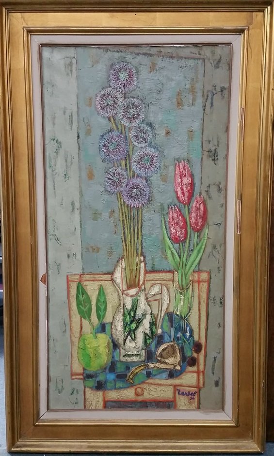 Zendel French Post Cubist Floral Still Life Painting: Gabriel Zendel French Post Cubist Abstract Floral Still Life Painting Vintage 1956. Oil on Canvas. Frame Size: 48.5x28.5x2 inches. Stretcher Size: 39.5x19.75inches. Weighs Approximately 15 lbs. SHIPPI