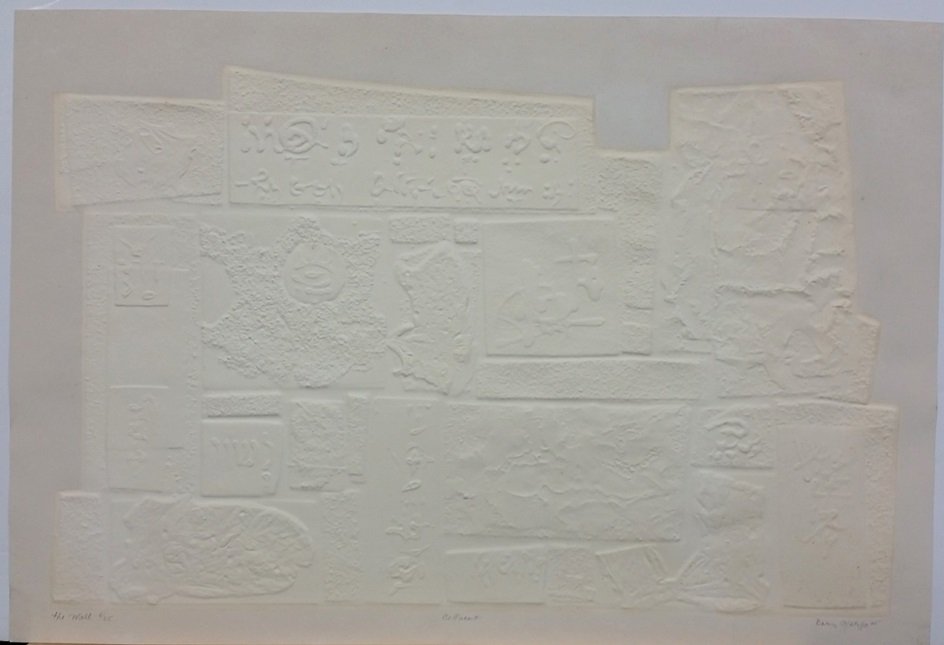Boris Margo Fantasy Surrealist Relief Cellocut ed25: Boris Margo Fantasy Surrealist Relief Embossed Cellocut titled The Wall. Signed in pencil bottom right. 6/25. Displays toning and foxing with heavy foxing verso, some minor smudges and a few subtle in