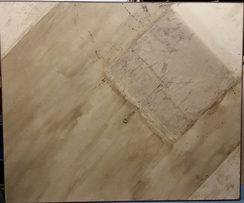 Lg Robert Moskowitz Collage Oil Window Shade Abstract: Large 5x6ft Robert Moskowitz Collage Oil Window Shade Abstract Canvas Framed American Vintage. Signed and Dated 1961 verso. Displays minor wear and discoloring, some toning and foxing and spotting, fr