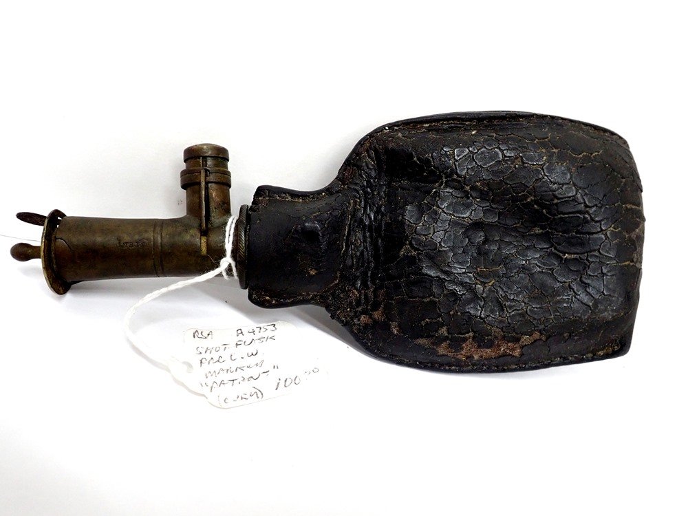 Pre-Civil War Flat Bottom Leather Shot Flask Marked PAT (1 of 8)