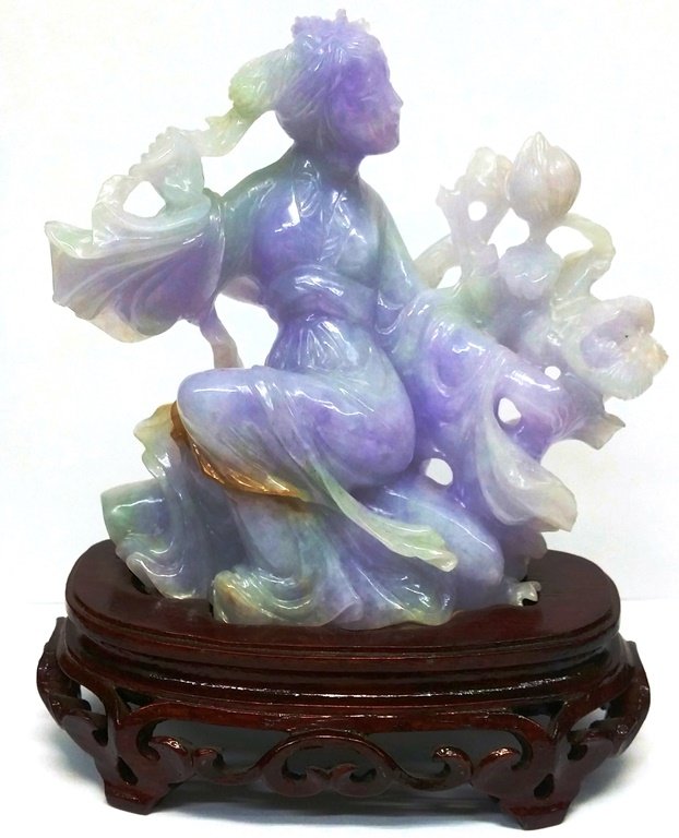 Antique Chinese Lavender Jadeite Jade Reclining Goddess: A gorgeous antique Chinese lavender jadeite jade statue of a reclining goddess on a wooden base. This is 4 out of 20 different lots of jade and Chinese antiques that we acquired from a retired Atlanta