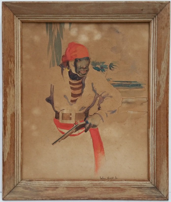 Black Caesar John Held Jr Watercolor Antique Painting: Black Caesar John Held Jr Watercolor Antique Painting. Signed John Held Jr bottom right. Watercolor on fiberboard. Shipping cost is not included. Frame measures 16 X 13.5 inches. TKSS
