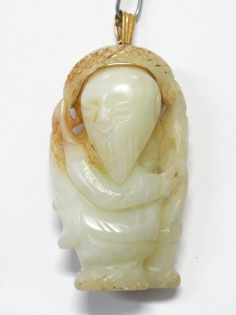 Antique Muttonfat Jade 18k Gold Chinese Buddha Pendant: Antique 200ct Muttonfat Jadeite 18k Gold Carved Chinese Jade Buddha Wise Man Statue Pendant w/ Asian Provenance Description / HFA VX GA TULO:Now we have this exceptionally large antique pendant that c