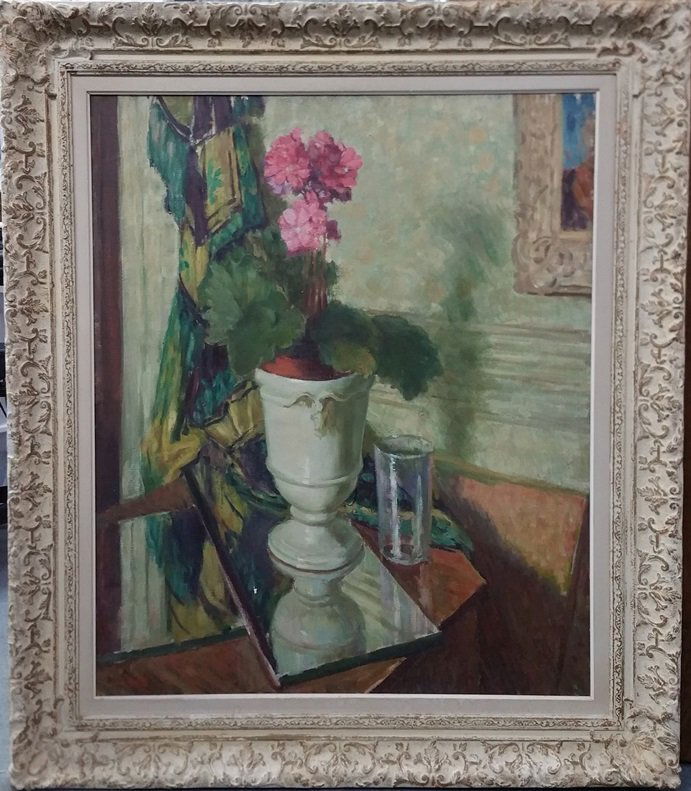 Leon Kroll Sunlit Floral Still Life Large Painting: KROLL, Leon, Sunlit Floral Still Life. Signed bottom left. Oil on canvas. Post War Belgian frame with impressed AJR712. Inscribed $1500 in pencil stretcher verso. Provenance: According to local retire