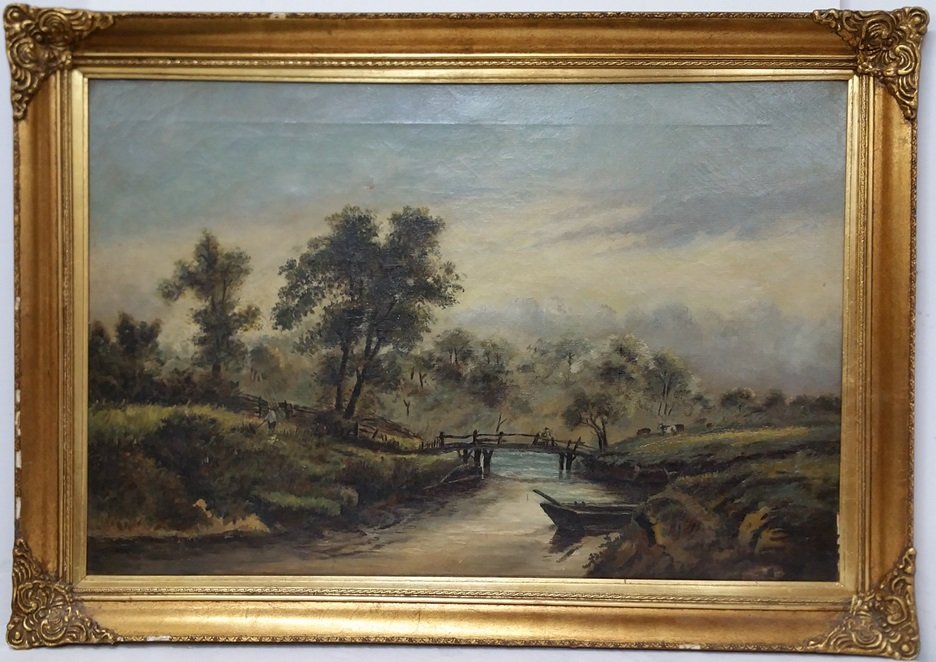 Antique Hudson River School English Victorian Painting: Antique Large Hudson River School English Victorian 19c Landscape with Bridge Fisherman Farmer Cattle Framed. Oil on Canvas. Unsigned. Dirty and has a darkened varnish, displays craquelure, has a smal