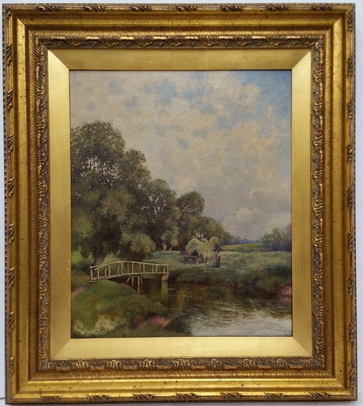 Antique British Impressionist Landscape Painting: Antique British Impressionist Landscape Painting Signed Illegibly Hay Wagon London Canvas. Oil on Canvas. Dirty and has a darkened varnish, frame displays some wear. Stretchers measure 18 X 15 inches.