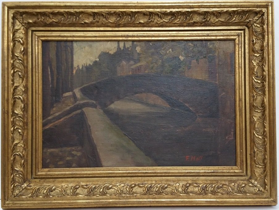 Scarce Antique Frank Holl Bruges Impressionist Painting: Scarce Antique Frank Holl Bruges Canal Belgian Impressionist Noted English Artist Landscape Painting Inscribed to Amie Gilberte as Francois. Signed bottom right. Oil on Board. Frank Holl was known as 