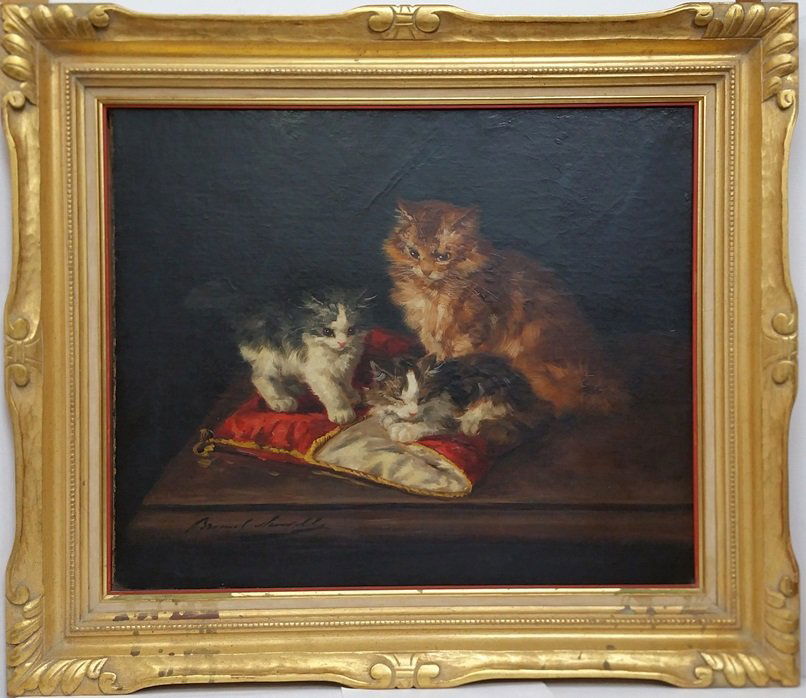 Alfred Arthur Brunel de Neuville Cat Kitten Painting: Alfred Arthur Brunel de Neuville French Antique Cat Kitten Oil Painting. Oil on Canvas. Dirty, displays craquelure, paint loss to edges, canvas is just slightly smaller than opening, frame appears mor