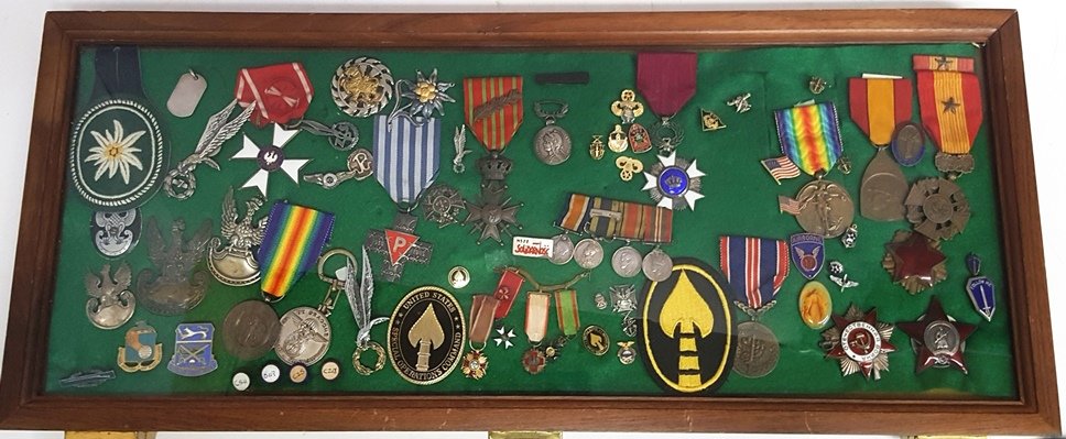 Seventy Two Badges Medals In Shadow Box Frame WWI: Title:Seventy Two Badges Medals In Shadow Box Frame WWI Airborne US Army Special ForcesDescription:Seventy Two various medals and badges in a framed shadow box. From the collection of a retired US Arm