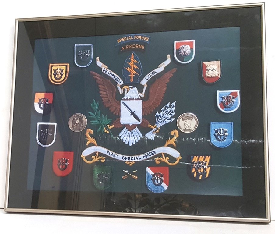 US Army First Special Forces Airborne Framed Print: Title:US Army First Special Forces Airborne Framed Print Patches Logo De Oppresso LiberDescription:A cool framed print of the US Army Special Forces shield, motto, and patches. Their motto is De Oppre